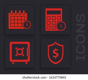 Set Shield with dollar symbol, Financial calendar, Calculator with dollar symbol and Safe icon. Vector