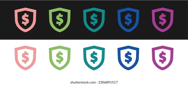 Set Shield with dollar symbol icon isolated on black and white background. Security shield protection. Money security concept.  Vector