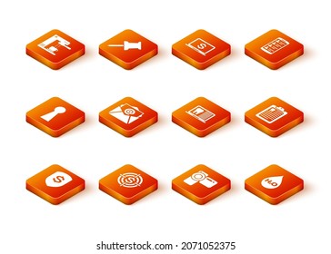 Set Shield and dollar, Target with, Keyhole, Mail e-mail, Cinema camera and Laptop dental card icon. Vector