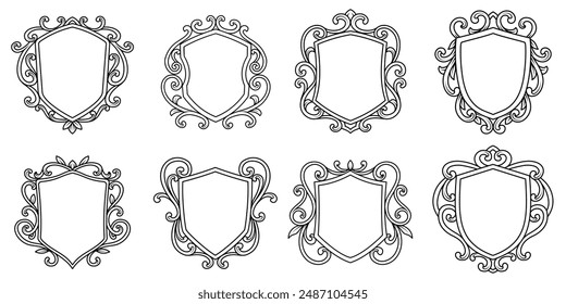 Set of shield emblem, frame with swirl, filigree ornament. Outline Vintage ornament logo monogram, medieval, heraldry, arabesque crest templates design set vector illustration