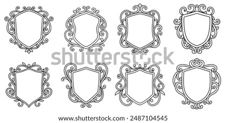 Set of shield emblem, frame with swirl, filigree ornament. Outline Vintage ornament logo monogram, medieval, heraldry, arabesque crest templates design set vector illustration