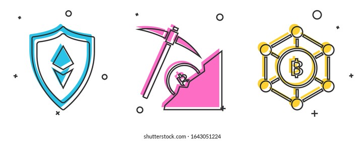 Set Shield Ethereum ETH, Cryptowährung Cloud Mining und Blockchain Technologie Bitcoin Symbol. Vektorillustration