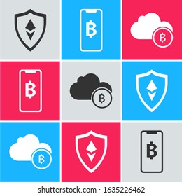 Set Shield Ethereum ETH, Phone mobile and cryptocurrency coin Bitcoin and Cryptocurrency cloud mining icon. Vector