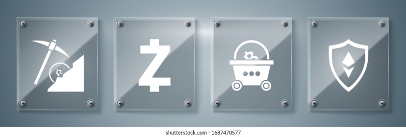 Set Schild Ethereum ETH, Warenkorb mit Bitcoin, Kryptowährungsmünze Zcash ZEC und Kryptowährungswolkenbergbau. Viereckige Glasplatten. Vektorillustration