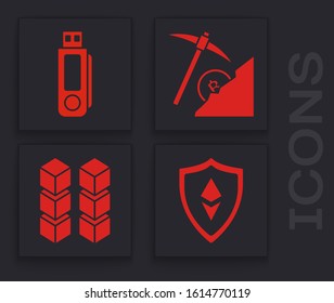 Set Shield Ethereum ETH, USB flash drive, Cryptocurrency cloud mining and Blockchain technology icon. Vector