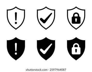 Set of Shield. Shield with exclamation mark, lock sign and with check symbol. Risk alert caution, Security icon set, security shield set