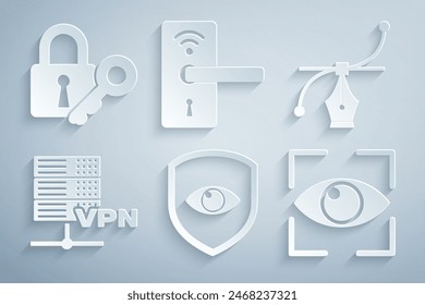 Set Shield and eye, Bezier curve, Server VPN, Eye scan, Digital door lock with wireless and Lock key icon. Vector
