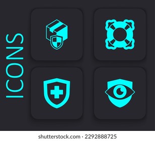 Set Shield and eye, Delivery security with shield, Lifebuoy and insurance icon. Black square button. Vector