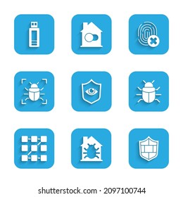 Set Shield and eye, House system bug, with brick wall, System, Graphic password protection, Cancelled fingerprint and USB flash drive icon. Vector