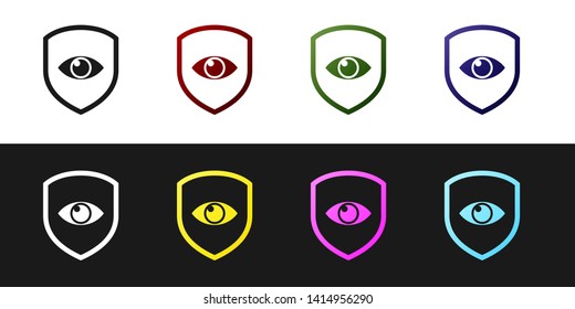 Set Shield and eye icon isolated on black and white background. Security, safety, protection, privacy concept. Vector Illustration