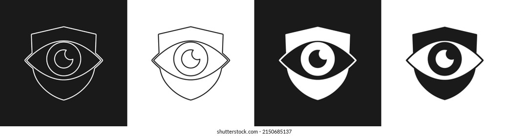 Set Shield and eye icon isolated on black and white background. Security, safety, protection, privacy concept.  Vector