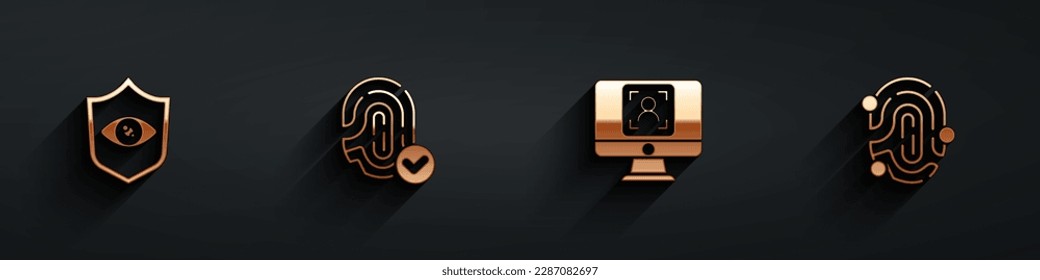 Setzen Sie die Schildhaut-Aufnahme, den Fingerabdruck, die Gesichtserkennung und das Symbol mit langem Schatten ein. Vektorgrafik