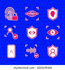Set Shield eye scan, Voice recognition, User protection, Eye, Mobile and face, Face,  and Fingerprint with lock icon. Vector