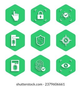 Set Shield face recognition, Fingerprint, Eye scan, with lock, door, Voice and  icon. Vector