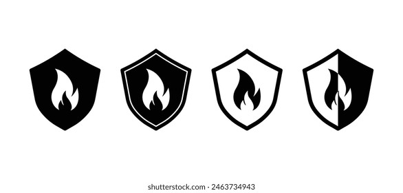 Set of Shield with fire icon. Protection from fire or fire protection or protect from heat icon. Vector Illustration.