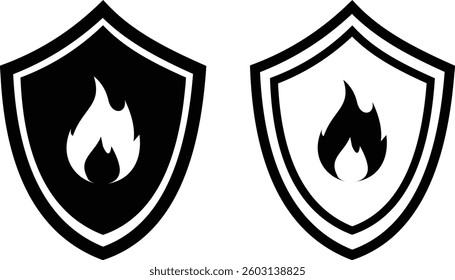 Set of Shield with fire icon.flat design. Protection from fire or fire protection or protect from heat icon. black and white overheat protection icon.  Illustration.
