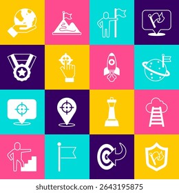 Set Shield with flag, Stair finish, Moon, Man holding, Target, Medal, Hand Earth globe and Rocket ship icon. Vector