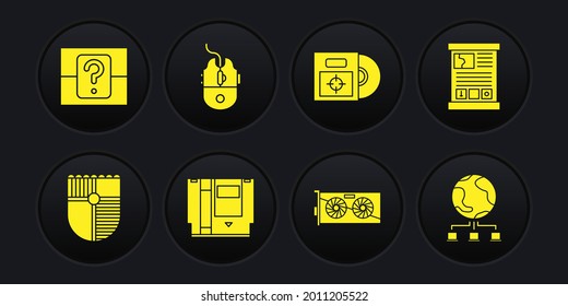 Set Shield for game, Game guide, Cartridge, Video graphic card, CD DVD disk in box, Computer mouse gaming, network and Mystery random icon. Vector