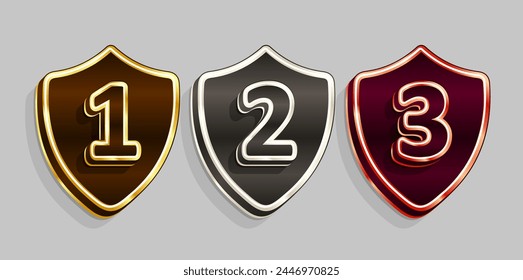 a set shield Gold, silver, bronze Medal Vector. rank level cup Place Badge. Sport Game Golden Challenge Award
