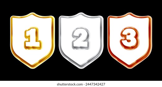 a set shield Gold, silver, bronze Medal Vector. rank level cup Place Badge. Sport Game Golden Challenge Award