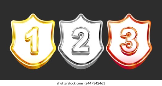 a set shield Gold, silver, bronze Medal Vector. rank level cup Place Badge. Sport Game Golden Challenge Award