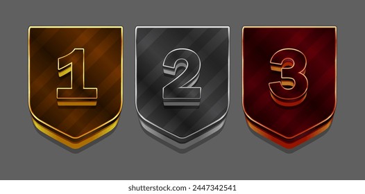 a set shield Gold, silver, bronze Medal Vector. rank level cup Place Badge. Sport Game Golden Challenge Award