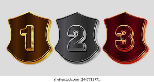 a set shield Gold, silver, bronze Medal Vector. rank level cup Place Badge. Sport Game Golden Challenge Award