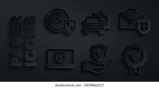Coloca Escudo en la mano, Maletín con escudo, Seguro en línea, Marca de verificación aprobada, Icono de Accidente de coche y Dinero. Vector