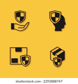 Set Shield in hand, Delivery security with shield,  and Life insurance icon with long shadow. Vector