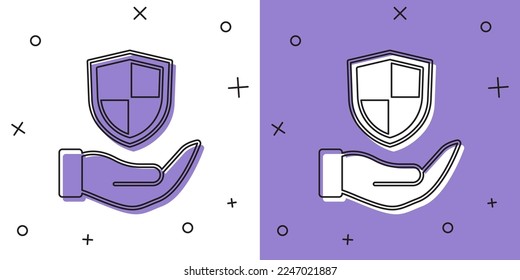 Set Shield in hand icon isolated on white and purple background. Insurance concept. Guard sign. Security, safety, protection, privacy concept.  Vector