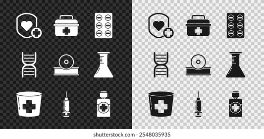 Set Shield and heart rate, First aid kit, Pills in blister pack, Nurse hat with cross, Syringe, Bottle of medicine syrup, DNA symbol and Otolaryngological head reflector icon. Vector