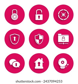 Set Shield, House under protection, Ringing alarm bell, FTP folder and lock, Protection of personal data, with keyhole, Safe and combination wheel icon. Vector