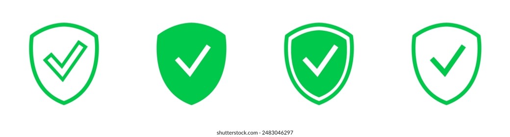 Set of shield icon - check marks, yes or ok. Vector clipart of checkmark, tick mark on white background. For web site or mobile app. Agree vote symbol.