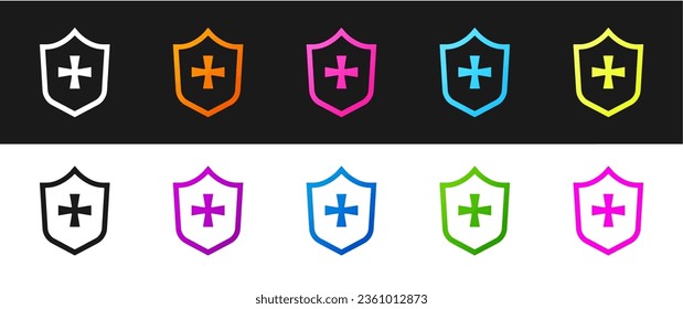 Set Shield icon isolated on black and white background. Guard sign. Security, safety, protection, privacy concept.  Vector