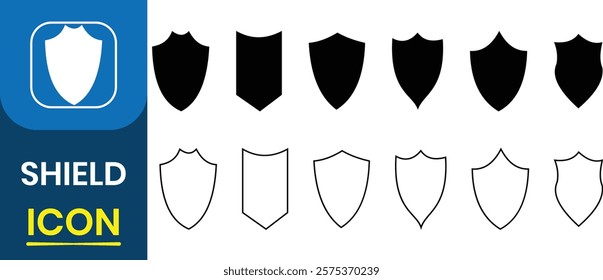 Set of Shield icon. Protect shield vector. Concept of safety and protection. Black knight award contours and linear signs. Protect shapes silhouette. Vector illustration.