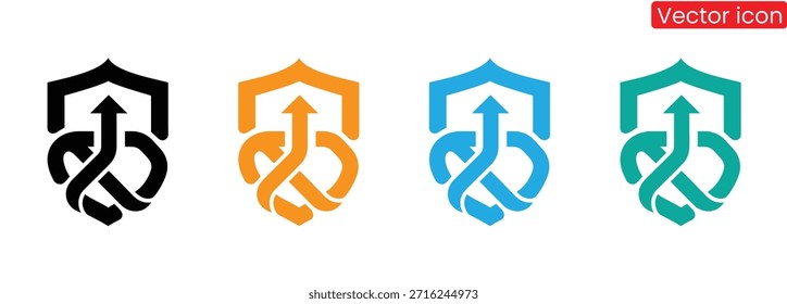 Set of shield icons with arrows in four colors