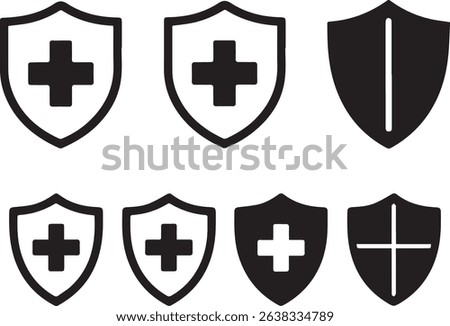 Set of shield icons with medical cross for protection concept