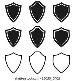 Set of shield icons. Minimalist shield shapes. Vector security symbols. Black and white style.