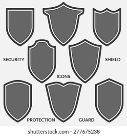 Set of shield icons. Monochrome security signs isolated on white background. Vector illustration