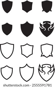 Set of shield icons in silhouette and outline style, symbolizing protection and security.