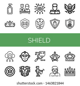 Set of shield icons such as Lotion, Crown, Protection, Shield, Security, Hockey mask, Military, Eagle, Safe, Armour, Spyware, Medieval, Coat of arms, Security agent , shield