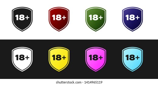 Set Shield with inscription 18 plus icon isolated on black and white background. Adults content only. Protection, safety, security, protect concept.  Vector Illustration