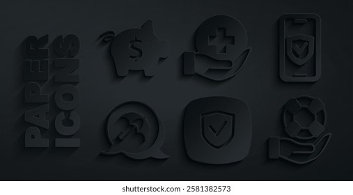 Set Shield, Insurance online, Umbrella, Lifebuoy hand, insurance and Piggy bank icon. Vector