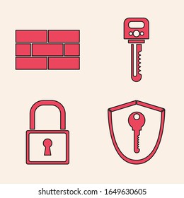 Set Shield with key , Bricks , Key  and Lock  icon. Vector