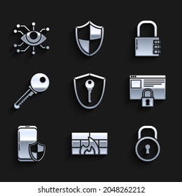 Set Shield with key, Firewall, security wall, Lock, Secure your site HTTPS, SSL, Smartphone shield, Key, Safe combination lock and Eye scan icon. Vector