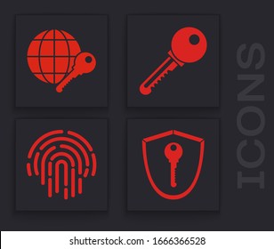 Set Shield with key , Globe key , Key  and Fingerprint  icon. Vector