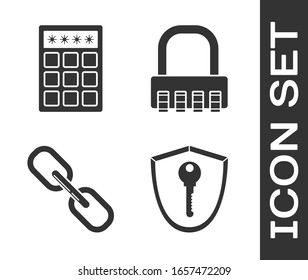 Set Shield with key , Password protection and safety access , Chain link  and Safe combination lock  icon. Vector