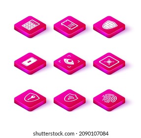 Set Shield with key, WiFi wireless internet network, Smartphone lock, Eye scan, Fingerprint, Safe, cyber security brick wall and icon. Vector