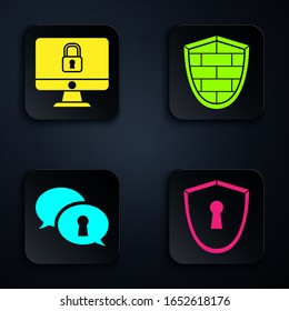 Set Shield con teclado , Bloquear en pantalla de monitor de ordenador, Protección de datos personales y Escudo con pared de ladrillo de seguridad cibernética . Botón cuadrado negro. Vector