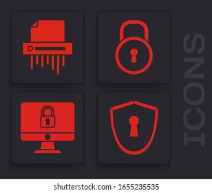Set Shield with keyhole , Paper shredder confidential, Lock  and Lock on computer monitor screen icon. Vector